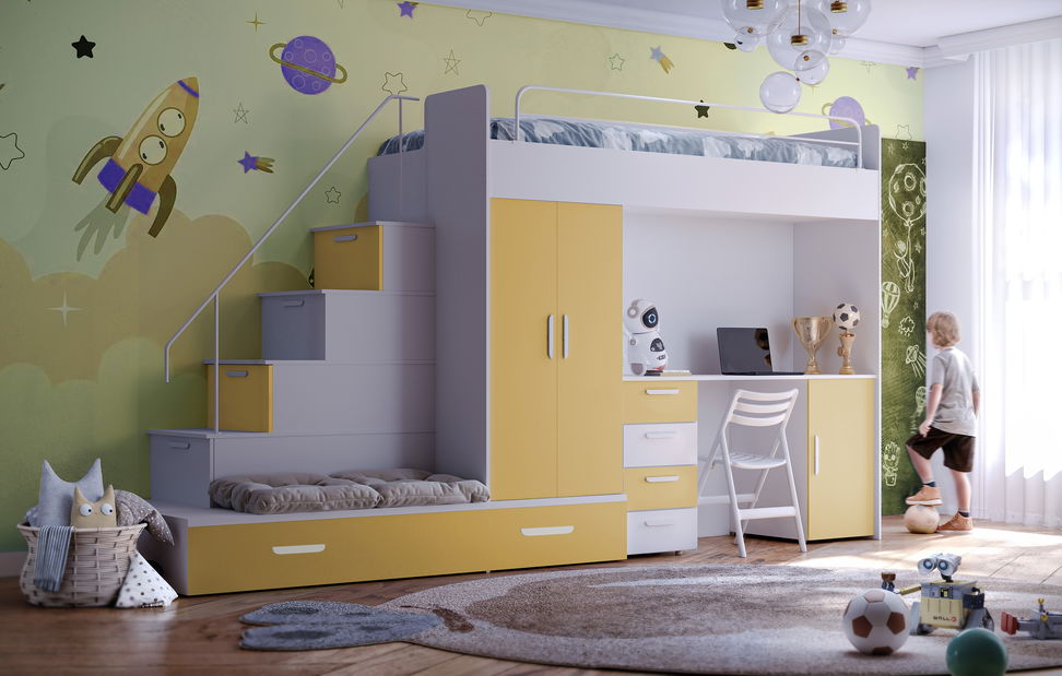 Dětská postel Ruby V (bílá + žlutá) (s rošty)