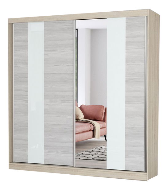 Šatní skříň Mebur 32 200 (dub sonoma + kathult + bílé sklo + zrcadlo)