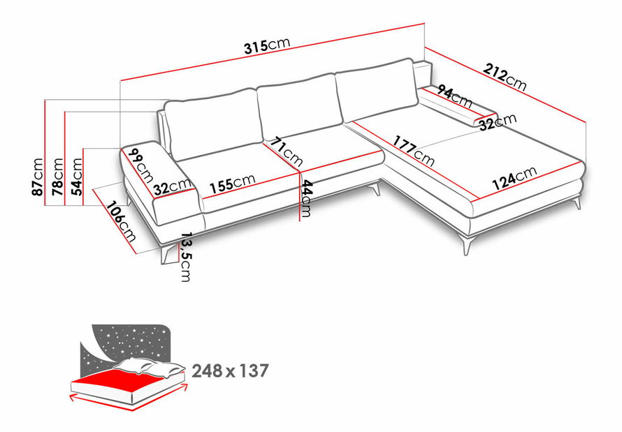 Rohová rozkládací sedačka s úložným prostorem Piper (Levá Lc -2R) (Soro 13)