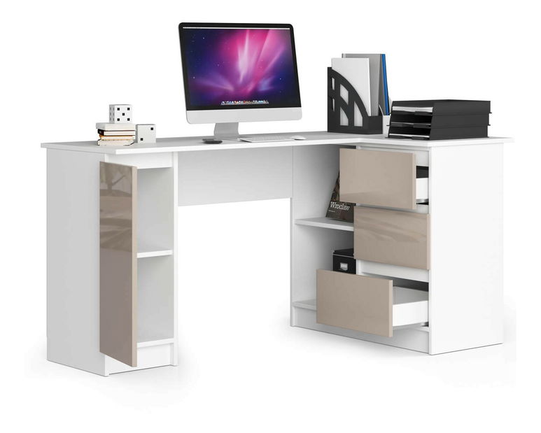 Rohový PC stolek Bevin (bílá + cappuccino lesk) (P)