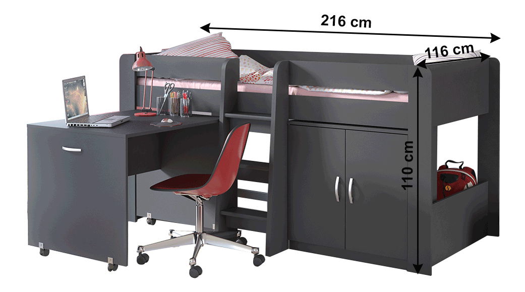 Dětská kombinovaná postel 90 cm Flann (tmavě šedá) (s roštovou deskou) *výprodej