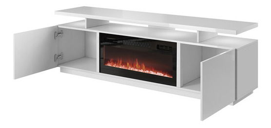 TV skříňka s krbem Anaceta (bílá + lesk bílý)