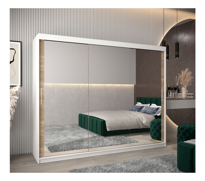 Šatní skříň 250 cm Toki 3 (Bílá matná + Dub sonoma)