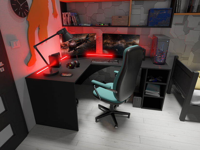 Rohový herní pc stůl Carbon (černá) (L) (s RGB osvětlením)