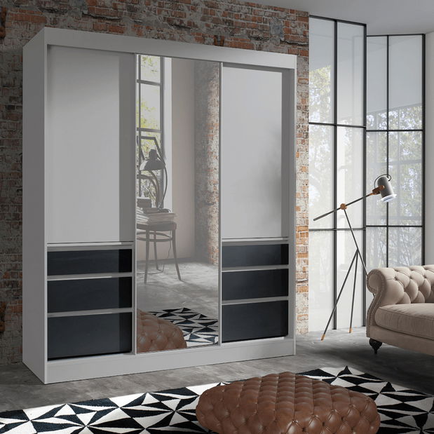 Šatní skříň 180 se zrcadlem Romunald (šedá + černá)