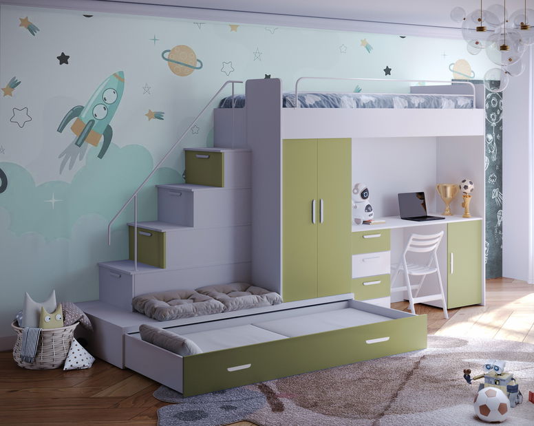 Dětská postel Ruby V (bílá + olivová) (s rošty)