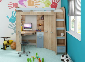 Rohová patrová postel Alina (P) Sonoma + modrá (s roštem)