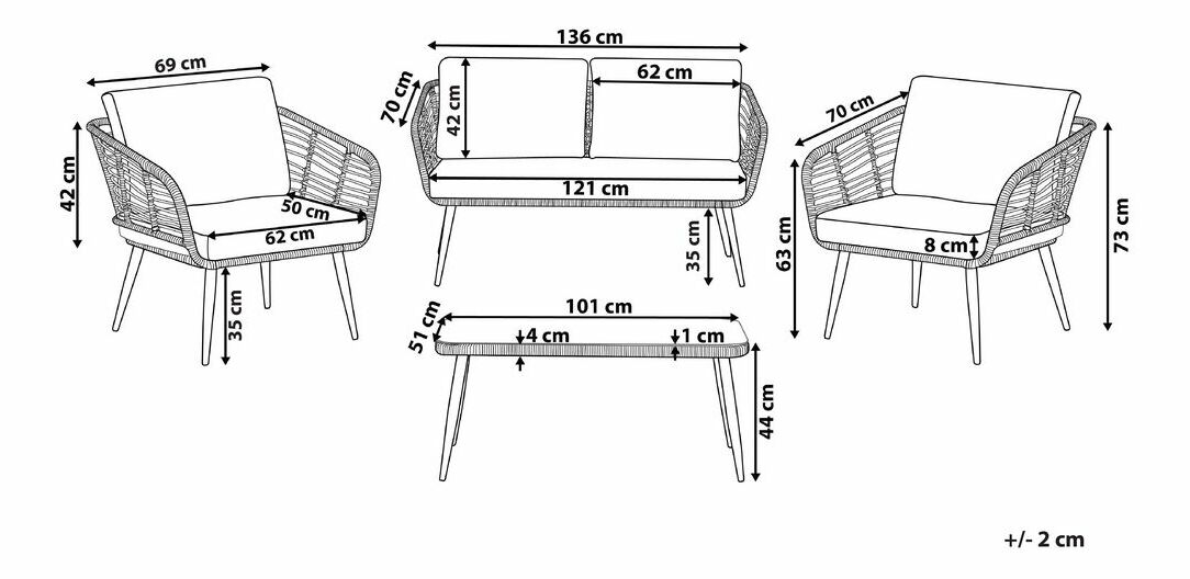 Zahradní set Cary (světle šedá) (s polštářem) (pro 2 osoby)