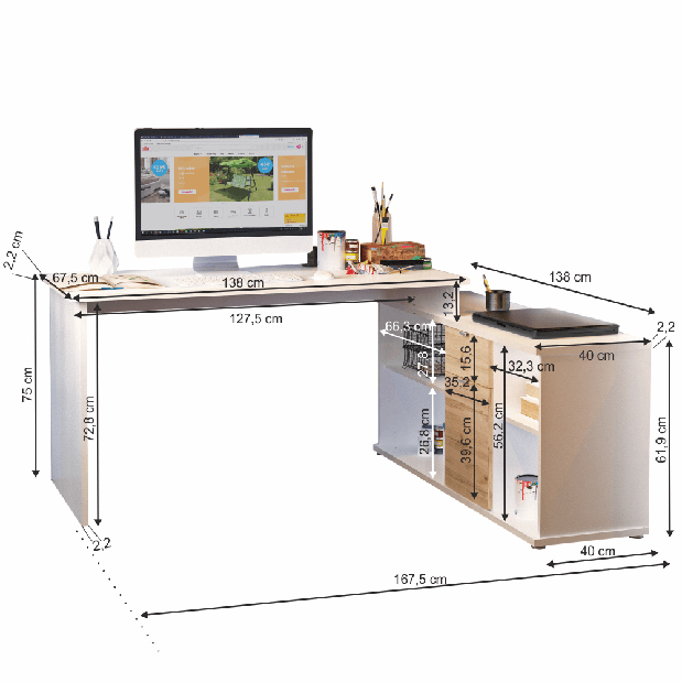 Rohový PC stolek Dasys VE 02 (dub wotan + bílá) 