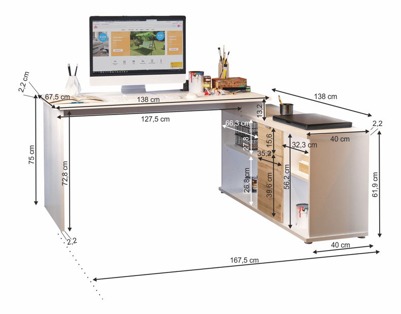 Rohový PC stolek Dasys VE 02 (dub wotan + bílá) 