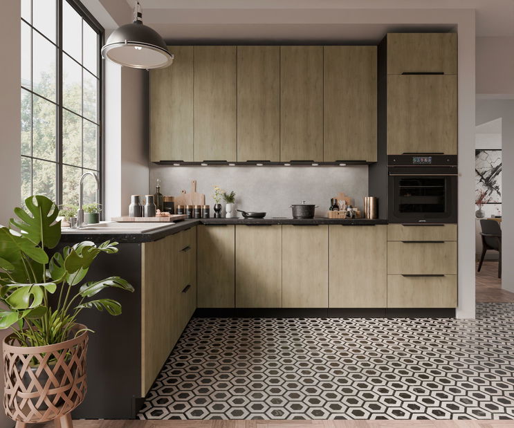 Rohová kuchyně Carminia (dub cremona + černá)