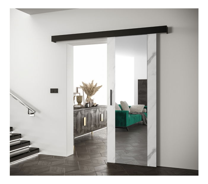 Posuvné dveře 90 cm Sharlene II (mramor bílý + černá matná + černá) (se zrcadlem)