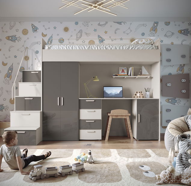 Dětská postel Ruby IV S (kašmír + lesk šedý) (s rošty)