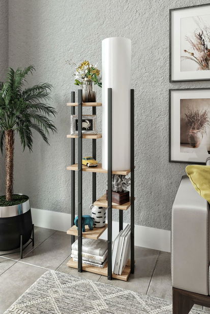 Stojanová lampa s policemi Vultarella 1 (černá + bílá + přírodní)