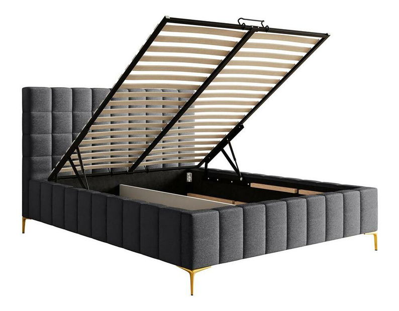 Manželská postel 180 cm Sheldona (s roštem) (s úl. prostorem) (tmavě šedá + zlatá)