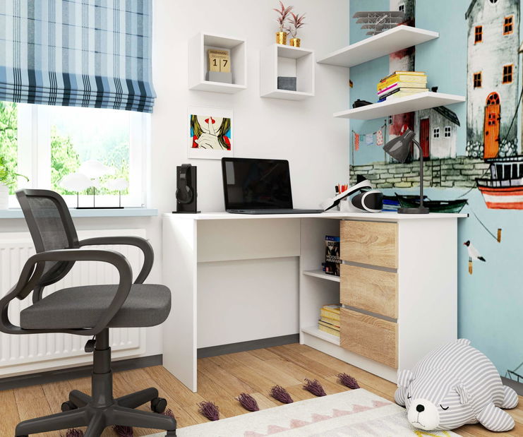 Rohový PC stolek Bodhi (bílá + dub sonoma) (P)