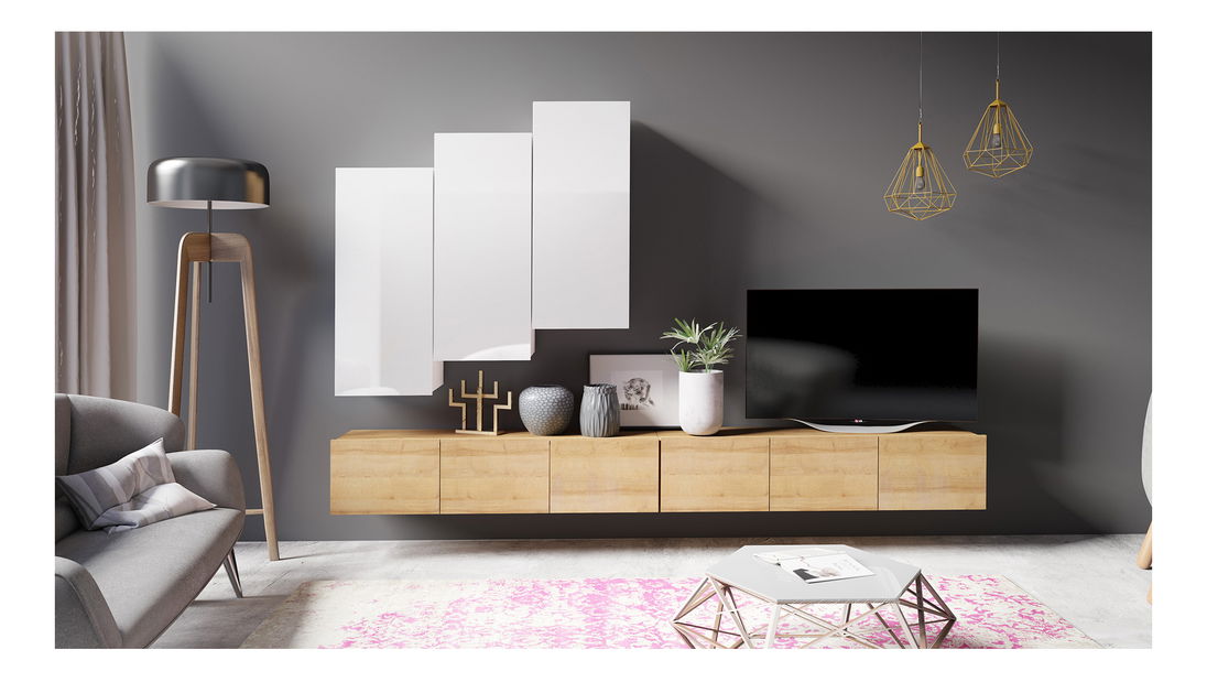Obývací stěna Calabria C20 (bílá + dub zlatý) (bez osvětlení)
