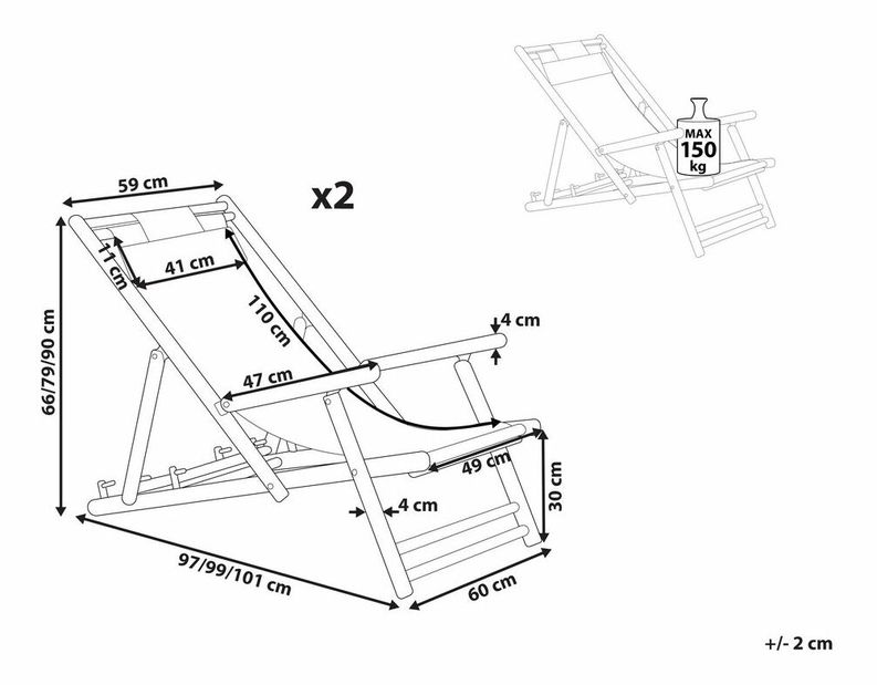 Set 2 ks. zahradních lehátko Azaleh (krémově bílá)