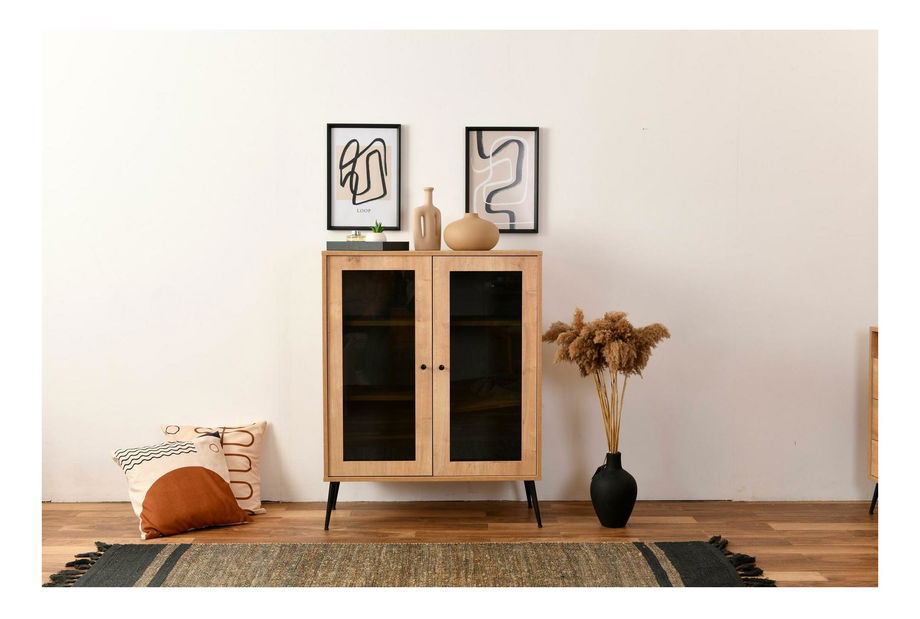 Vitrína Calvinetta (dub + černá + kouřové sklo)
