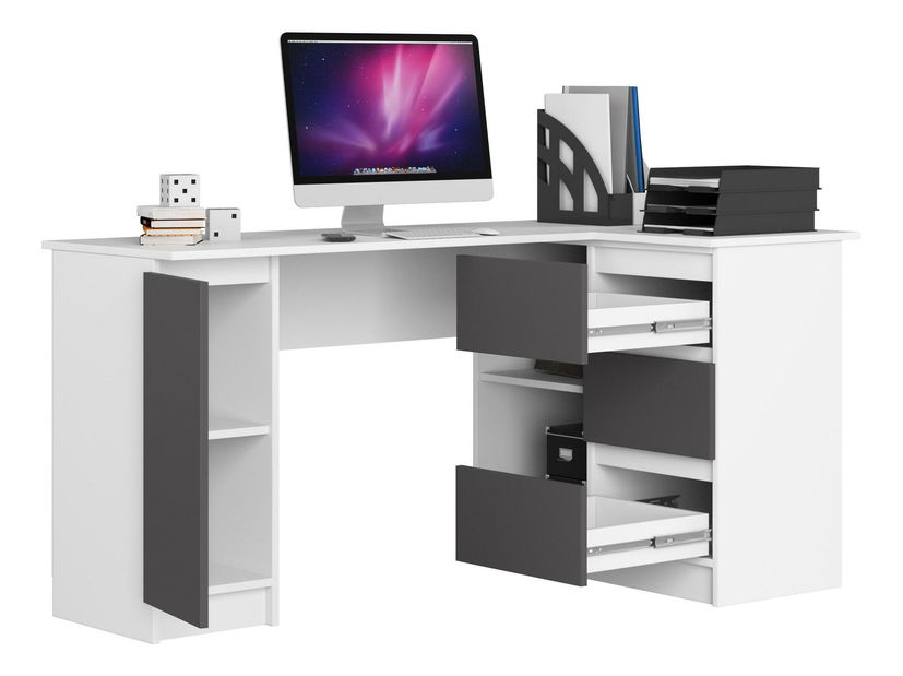 Rohový PC stolek Bevin (bílá + šedá) (P)