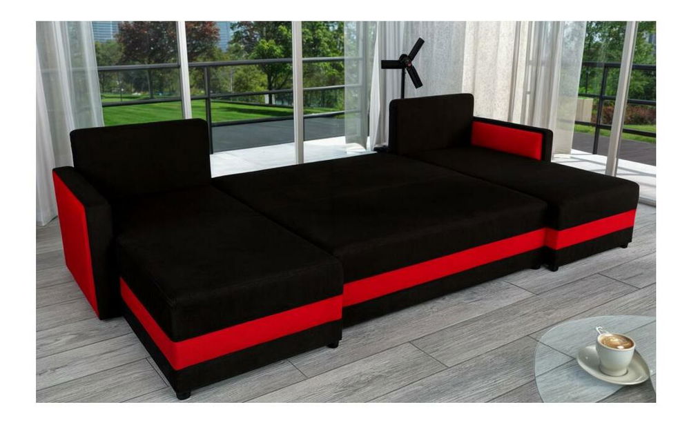 Rohová sedačka ve tvaru U Paulati (černá + červená) (s úl. prostorem)