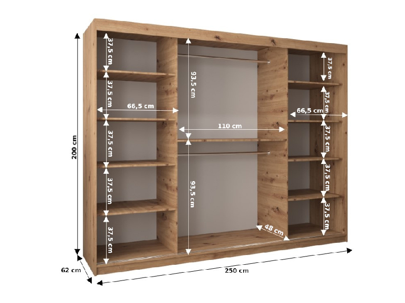 Šatní skříň 250 cm Toki 3 (Černá matná + Dub artisan)