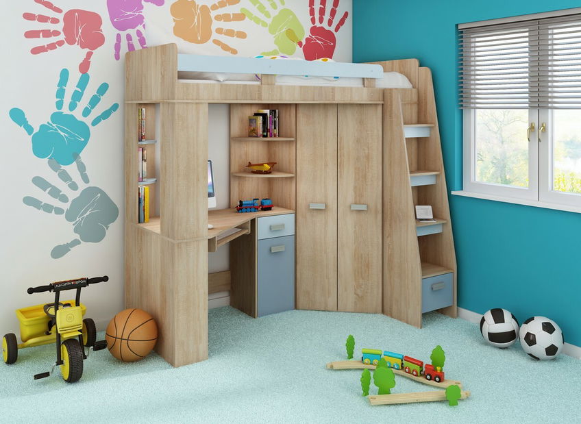 Rohová patrová postel Alina (P) Sonoma + modrá (s roštem)