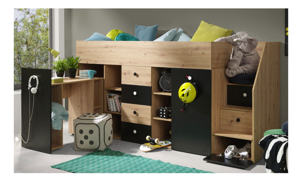 Dětská kombinovaná postel 90 cm Sami 3 (dub artisan + matná černá + bílá madla) (P)