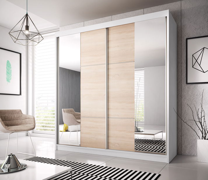 Šatní skříň Mebur 36 180 (bílá + dub sonoma + zrcadlo)