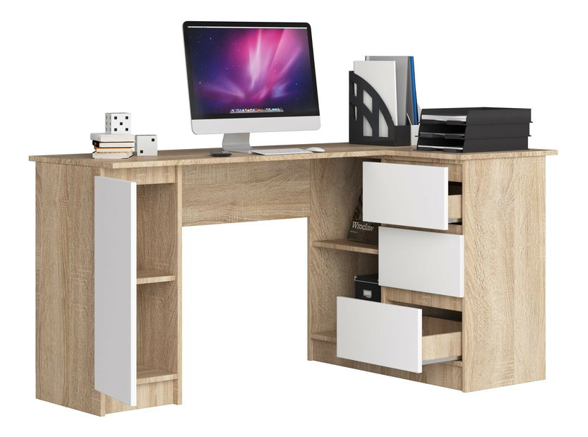 Rohový PC stolek Bevin (dub sonoma + bílá) (P)