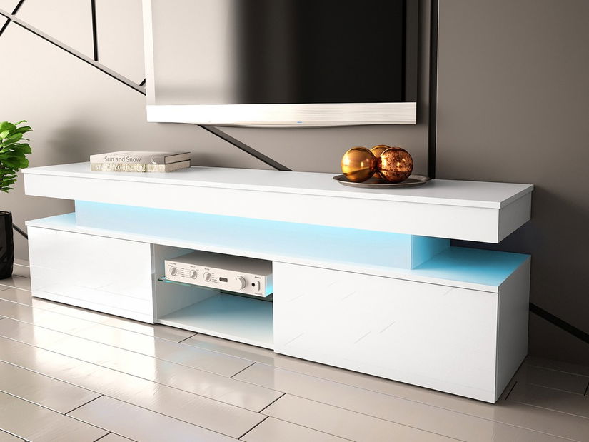 TV skříňka Lesteralo 2D 190 (bílá + lesk bílý) (s modrým LED osvětlením) *výprodej