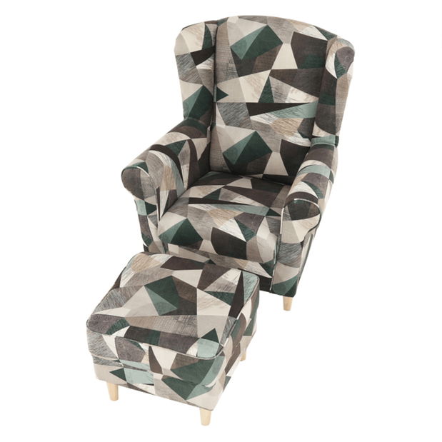 Křeslo ušák s taburetem Aevo (hnědo zelený vzor)