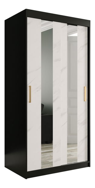 Šatní skříň 100 cm Marbelo P (matná černá + bílý mramor)