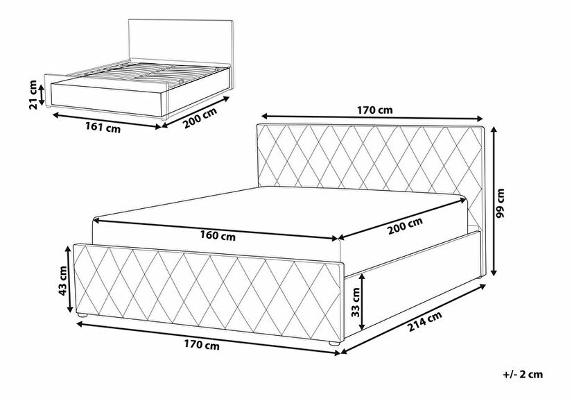 Manželská postel 160 cm ROFARIO (šedá) (samet) (s roštem a úl. prostorem)