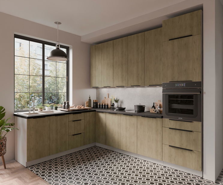 Rohová kuchyně Carminia (dub cremona + bílá)