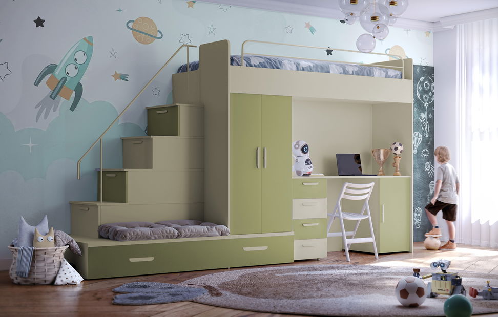 Dětská postel Ruby V (kašmír + olivová) (s rošty)