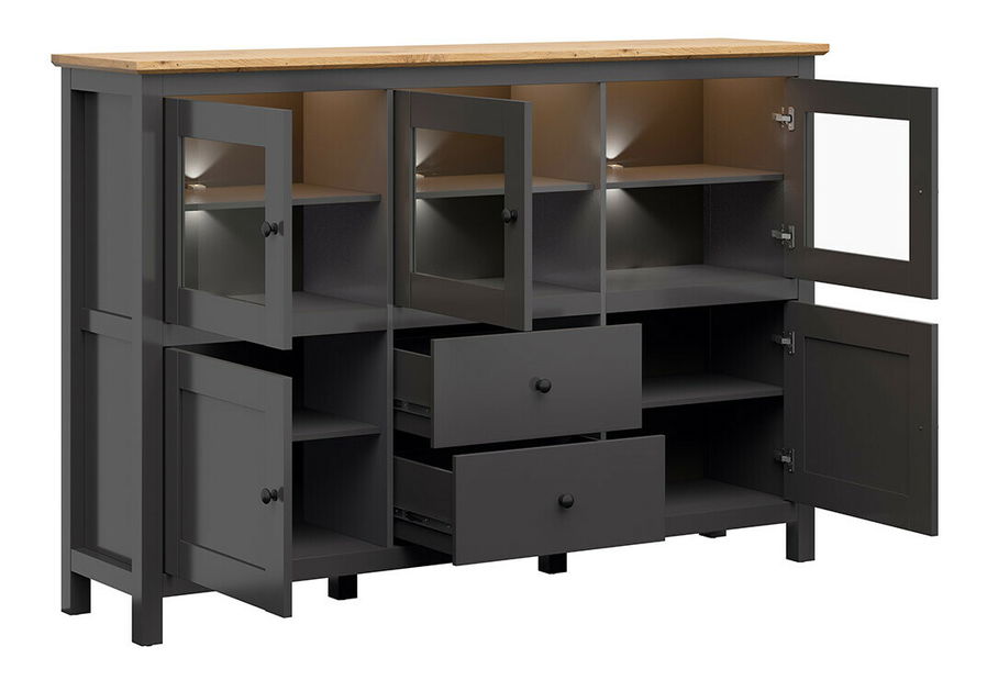 Vitrína BRW Hesen KOM3W2D2S/13/19 (s LED osvětlením) (grafit + dub artisan)