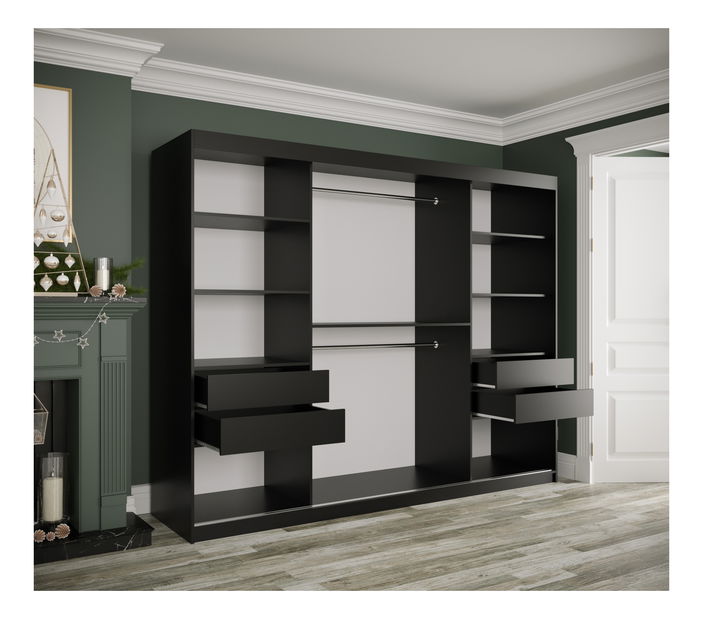 Šatní skříň 250 cm Marbelo T (matná černá + černý mramor)