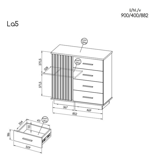 Komoda typ LA5 Laticia (matná černá + dub wotan)