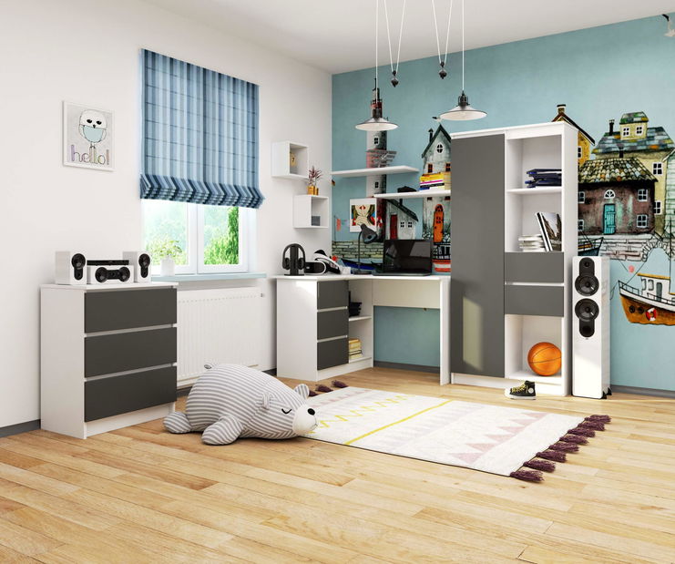 Rohový PC stolek Bodhi (bílá + šedá) (L)