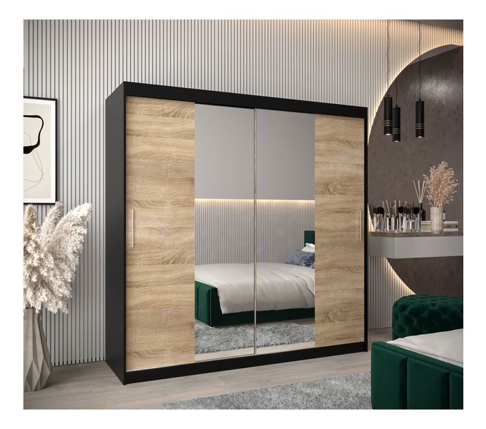 Šatní skříň 200 cm Toki 1 (Černá matná + Dub sonoma)