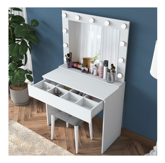 Toaletní stolek s taburetkou Blake 21 (se zrcadlem) (s LED osvětlením) (bílá)