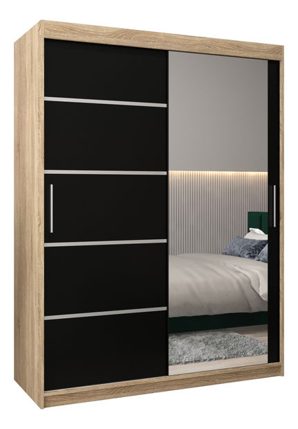Šatní skříň 180 cm se zrcadlem Verika 2 180 (dub sonoma + černá)