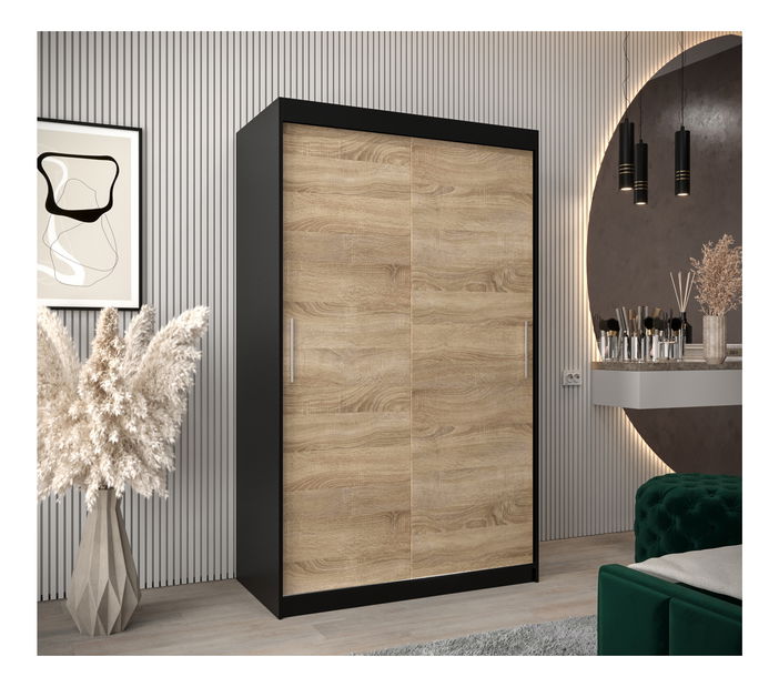 Šatní skříň 120 cm Toki (Černá matná + Dub sonoma)