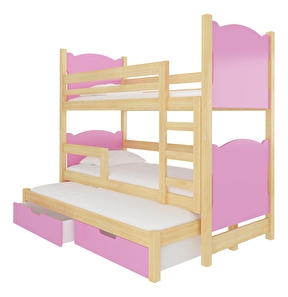 Patrová dětská postel 180x75 cm Lukrece (s roštem a matrací) (borovice + růžová)