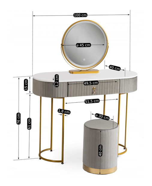 Toaletní stolek Afecto (šedá + zlatá) (s taburetkou a LED zrcadlem)