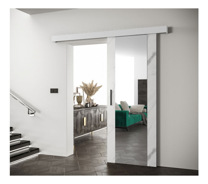 Posuvné dveře 90 cm Sharlene II (mramor bílý + bílá matná + černá) (se zrcadlem)