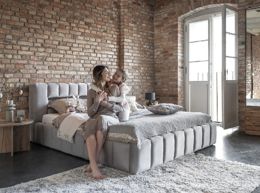 Manželská postel 140 cm Luxa (hořčicová) (s roštem, úl. prostorem a LED)