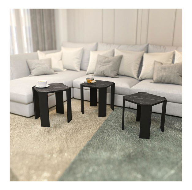 Set 3 konferenčních stolků Lorizolla (mramor černý + černá)