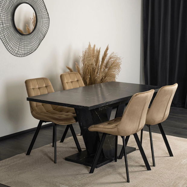 Rozkládací jídelní stůl Comentado (mramor černý + zlatá) (pro 4-6 osob)